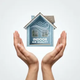 Hands cradling a home with clean air flowing through it